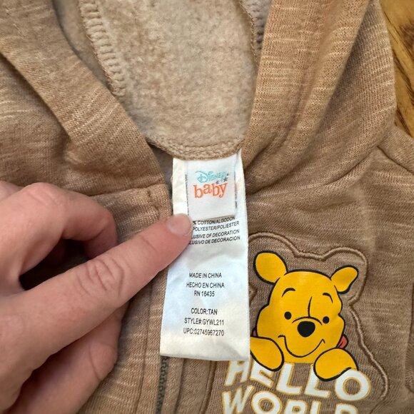 Disney Baby Winnie the Pooh "Hello World" Hood Zip Jacket Size 12M - Picture 2 of 5